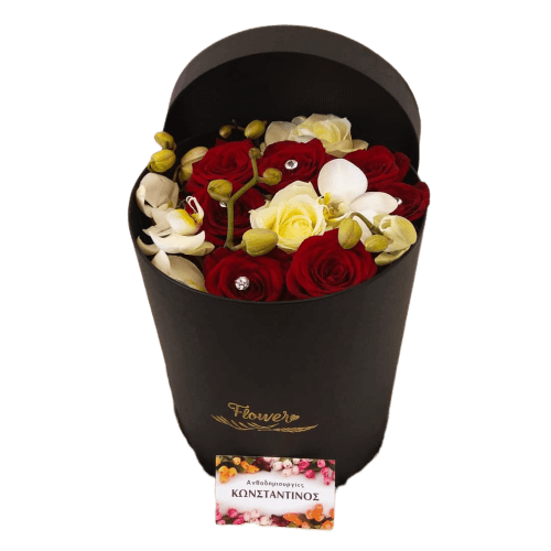 Σύνθεση με Ορχιδέες και Τριαντάφυλλα σε πολυτελές κουτί! Αυθημερόν delivery στη Θεσσαλονίκη! Ανθοπωλείο αντθοδημιουργίες, Τούμπα Θεσσαλονίκης