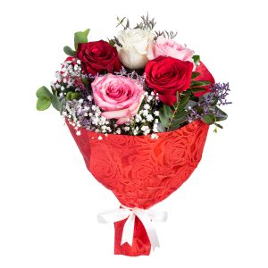 Μπουκέτο με 5 Πολύχρωμα Τριαντάφυλλα και Γυψοφύλλη