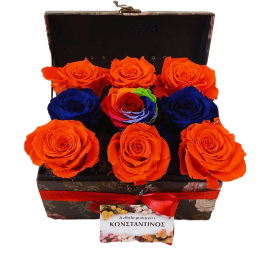 Forever Roses στη Θεσσαλονίκη! σύνθεση με 9 Τριαντάφυλλα σε αποχρώσεις μπλε, πορτοκαλί ,ουράνιου τόξου σε ιδιαίτερο μπαούλο | Ανθοπωλείο Ανθοδημιουργίες Τουμπα Θεσσαλονικη