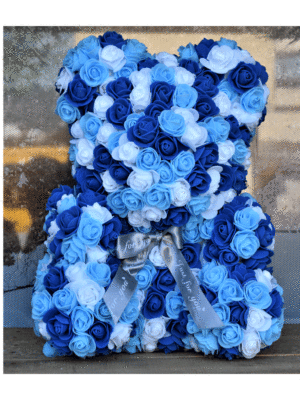 Αρκουδάκι Rose Bear Τρίχρωμο με λευκά, γαλάζια και μπλε τριαντάφυλλα 40cm στη Θεσσαλονίκη! Online Ανθοπωλείο Ανθοδημιουργίες, Τούμπα Θεσσαλονίκη.