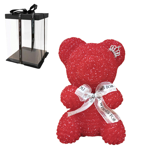 Teddy bear made of artificial crystals colored red in a gift box, 22 cm
