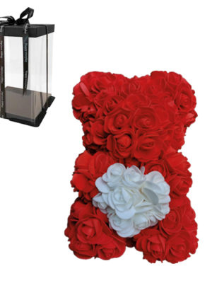 Αρκουδάκι με Κόκκινα τριαντάφυλλα και λευκή καρδιά σε συσκευασία δώρου, 25 cm