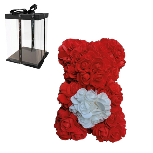 Αρκουδάκι με Κόκκινα τριαντάφυλλα και λευκή καρδιά σε συσκευασία δώρου, 25 cm