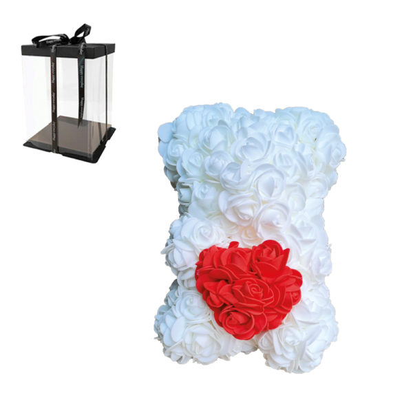 Αρκουδάκι Rose Bear με λευκά  τριαντάφυλλα και κόκκινη καρδιά σε κουτί δώρου πολυτελείας 25CM.
