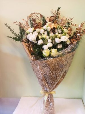 White bouquet with Gold with Lysianthos and Gold Decorative Branches