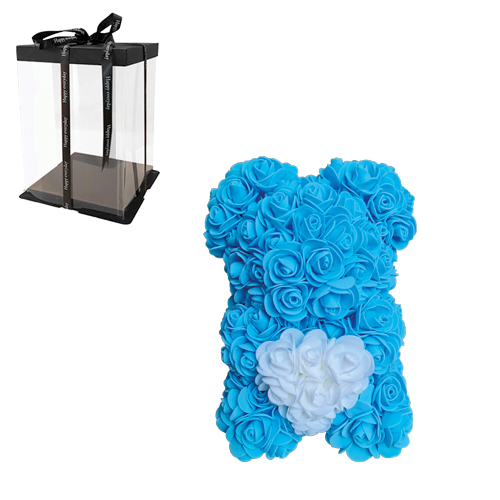 Αρκουδάκι με Γαλάζια τριαντάφυλλα και λευκή καρδιά σε συσκευασία δώρου, 25 cm