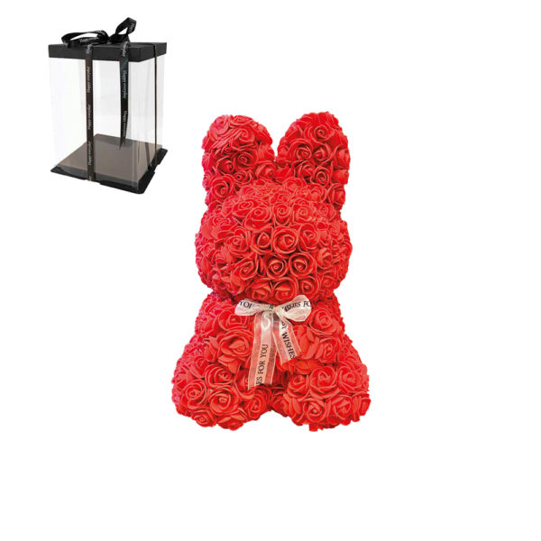 Bunny of red roses with bow in a gift box, 25 cm