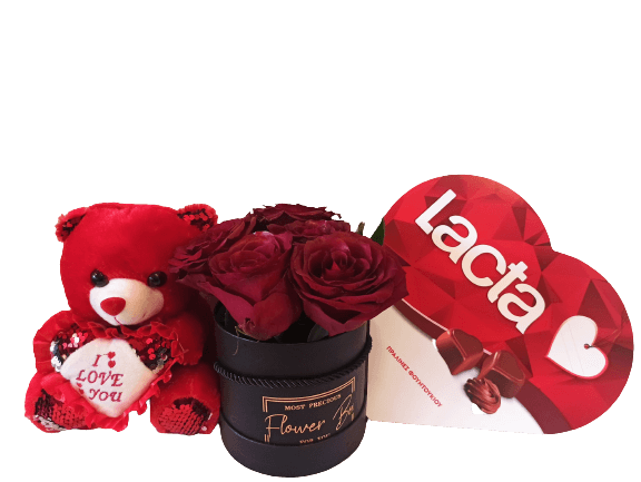 Ανθοπωλείο Θεσσαλονίκη Ανθοδημιουργίες - Δώρο Αγίου Βαλεντίνου: 5 κόκκινα τριαντάφυλλα σε κουτί δώρου, αρκουδάκι Αγίου Βαλεντίνου & καρδιά lacta