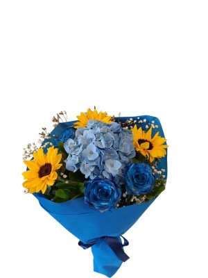 Ανθοδέσμη για την γιορτή του Πατέρα με μπλέ τριαντάφυλλα , ορτανσία και ηλίανθους