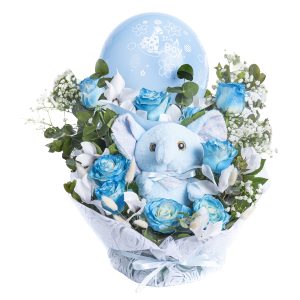 σύνθεση λουλουδιών για νεογέννητο αγόρι με λούτρινο ελεφαντάκι και μπαλόνι Baby Boy.