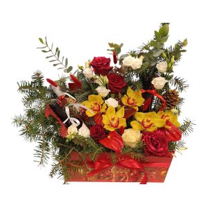 Εταιρικό Καλάθι με λουλούδια και Κρασιά Υψηλής Ποιότητας