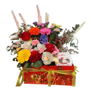 Εταιρικό Καλάθι Δώρου με Λουλούδια Κρασιά & Σοκολατάκια Raffaellο